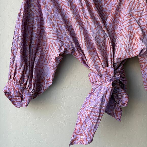 Sika Wrap Top Cotton Printed Lilac Rust 3/4 Sleeve Tie Front Cropped Top Size 4 - Picture 3 of 7